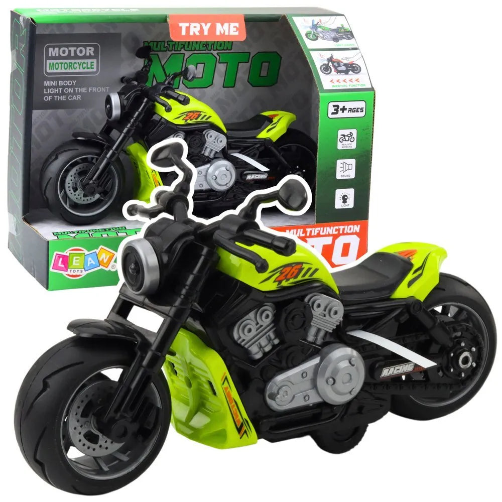 Žalias žaislinis motociklas su šviesomis